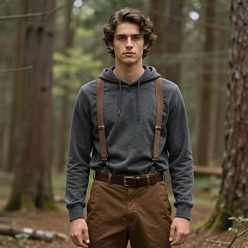 Young Man Wearing Hoodie and Suspenders in Forest