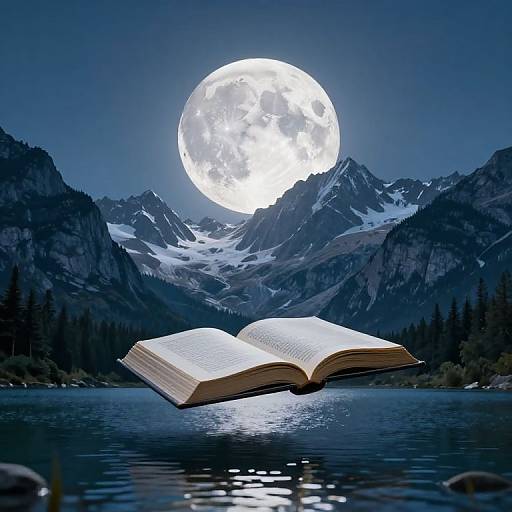 Photograph of an open book floating on a serene lake, illuminated by a luminous full moon over snow-capped mountains.