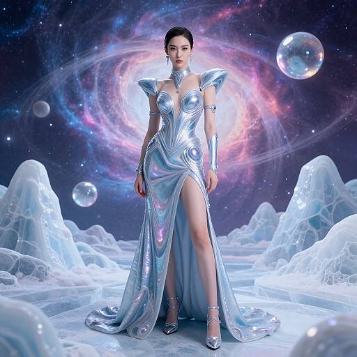 Photograph of an Asian woman in a futuristic, silver, high-neck gown with shoulder pads and thigh-high slit, standing on icy terrain under a vibrant