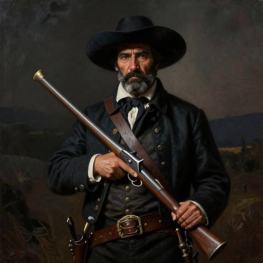 Photorealistic painting of a rugged, bearded man in black cowboy hat and coat, holding a rifle, dark landscape background.