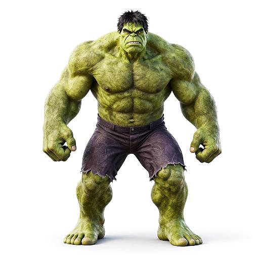CGI image of a muscular, green-skinned, bare-chested, angry-looking orc with black hair, wearing tattered dark purple shorts, standing