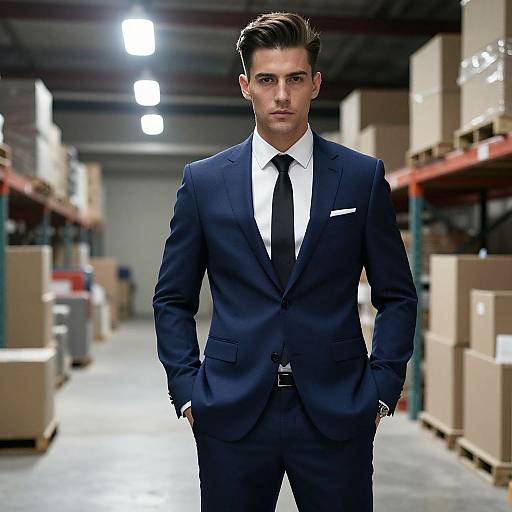 Photograph of a handsome, young man with neatly styled brown hair, wearing a dark blue suit, white shirt, and black tie, standing in a
