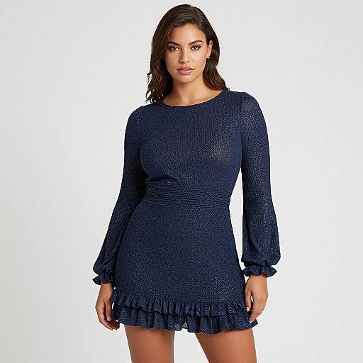 Photograph of a young woman with medium brown skin and dark brown hair, wearing a dark blue, long-sleeved, textured mini dress with a