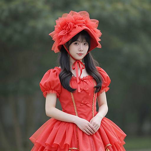 Photograph of an Asian woman with long black hair, wearing a vibrant red, frilled dress and matching hat with large bow, standing outdoors with a