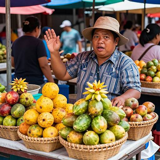 Photograph of a Filipino fruit vendor in a straw hat and blue striped shirt, waving at customers, with baskets of yellow and green mangoes in a