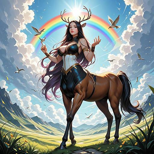 Digital artwork: Centaur woman with deer antlers, long black hair, black leather armor, standing in a meadow, rainbow behind, birds flying