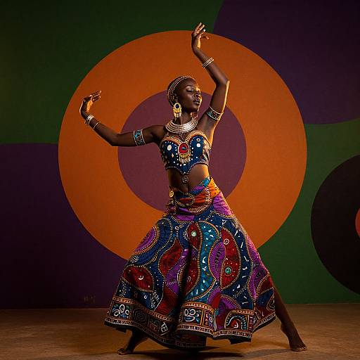 Photograph of a dark-skinned African dancer in vibrant, patterned traditional attire, posing with arms raised against a large orange circle on a dark background
