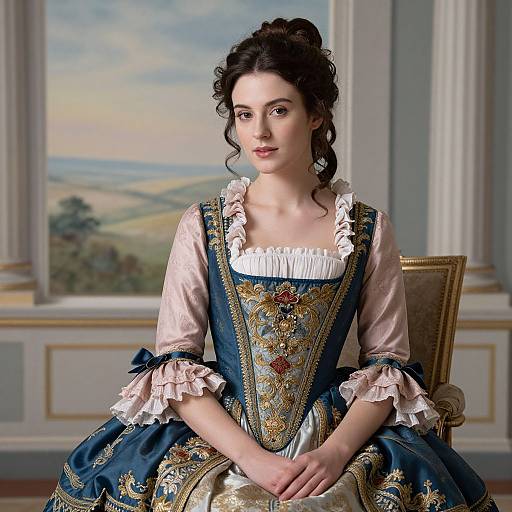 Photograph of a young woman with fair skin and dark curly hair, wearing an elaborate blue and gold embroidered Renaissance-style gown, seated in a luxurious room