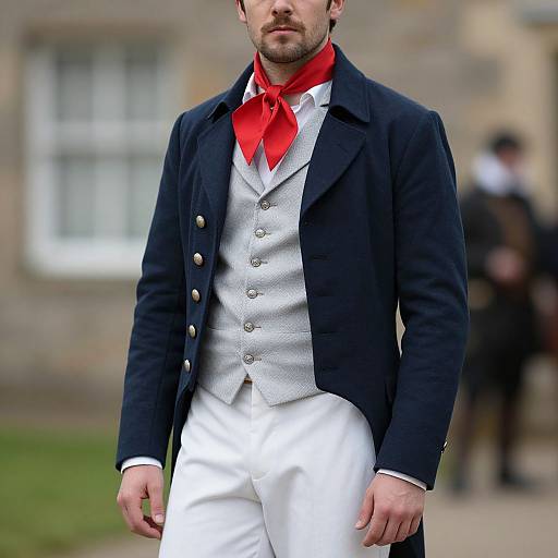 Photograph of a man in a black coat, white waistcoat, red cravat, and white pants, standing outdoors with a blurred stone building