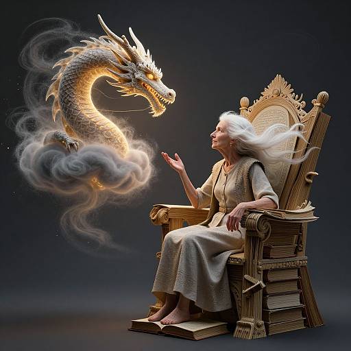 Digital artwork of a white-haired, robed woman on an ornate throne, offering her hand to a glowing, smoke-wreathed dragon. Dark