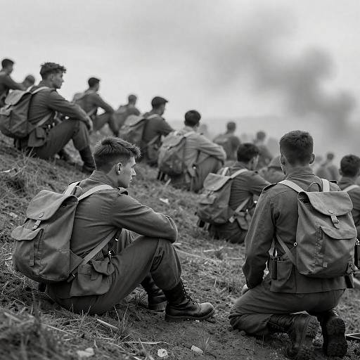 Somber Battlefield Moment in Black-and-White
