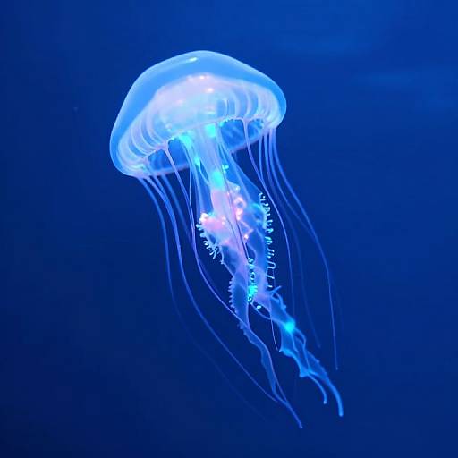 Photograph of a glowing blue jellyfish with translucent, frilled edges and long, flowing tentacles against a dark blue ocean background.