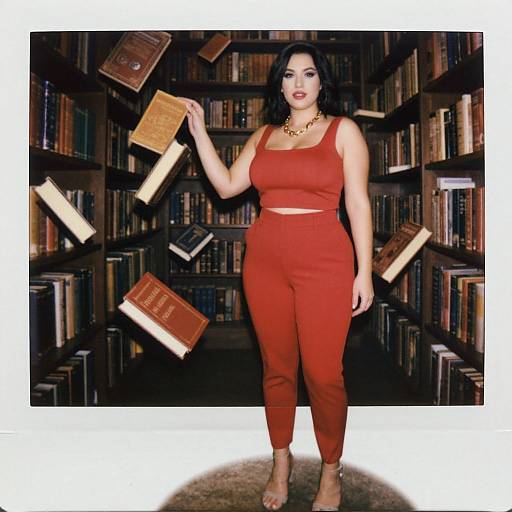 Photograph of a curvy woman with dark hair, wearing a red crop top and matching high-waisted pants, standing in a library with floating