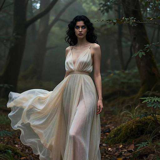 Elegant Blue-Eyed Model in Misty Forest