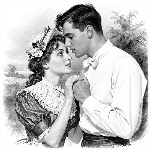 Black-and-white vintage drawing of a romantic couple, man in white shirt, woman in lace dress, holding hands, kissing, floral headpiece.