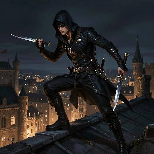 Nighttime cityscape photograph of a hooded, leather-clad assassin with dual knives, poised on a rooftop, silhouetted against illuminated castle