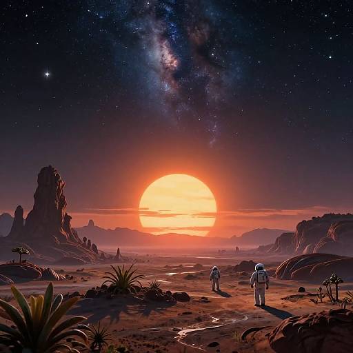 Digital art: Two astronauts in white suits stand on a Martian desert at sunset, with a glowing orange sun and Milky Way overhead, surrounded by rocky formations