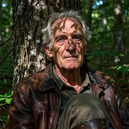 Photograph of an elderly man with white hair, wrinkled face, wearing a brown leather jacket, sitting against a tree in a sunlit forest.
