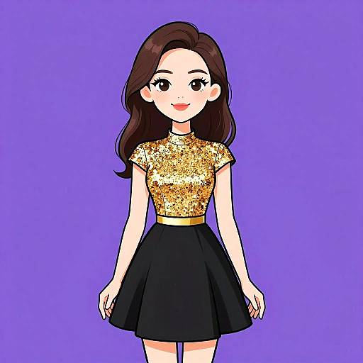 Chic Woman in Black and Gold Dress