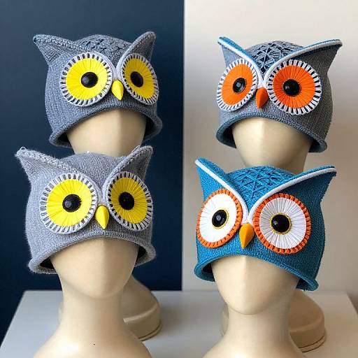 Photograph of three beige mannequin heads wearing knitted owl hats with large, colorful eyes (yellow, orange, white) on dark and light