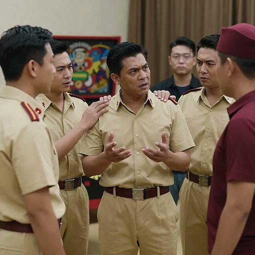 Group of Men in Military Uniforms Having Intense Discussion