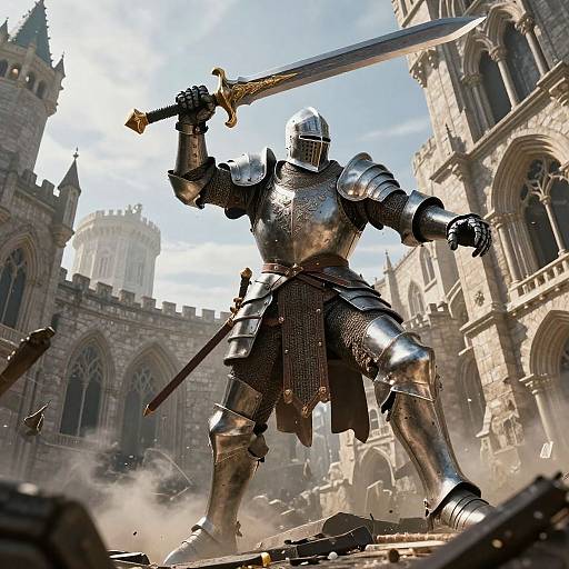 Digital CGI of a knight in shining armor, wielding a sword, standing triumphantly in a sunlit, medieval cathedral courtyard with dust and debris.