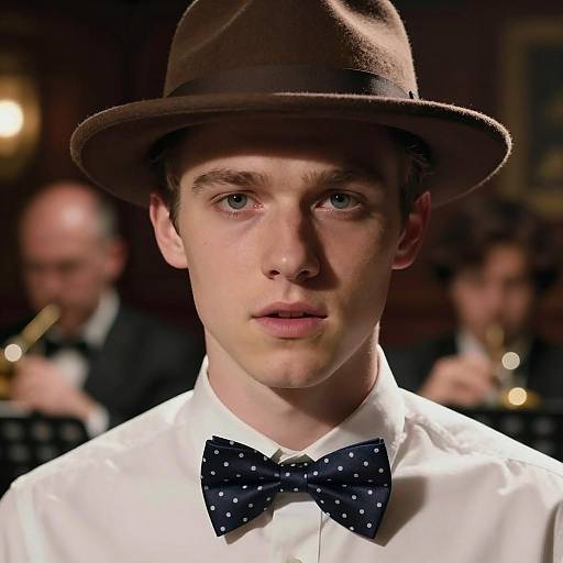 Young Man in Brown Hat with Bow Tie