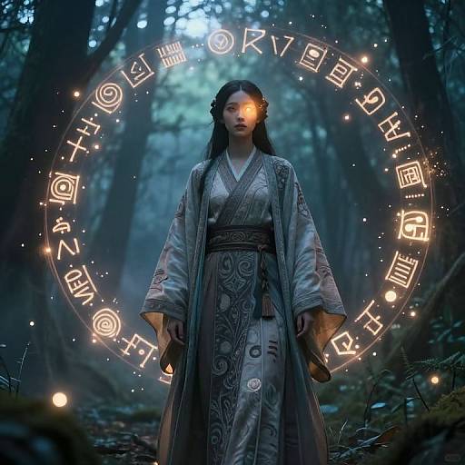 Digital artwork of an Asian woman in a detailed, grey kimono standing in a mystical forest, glowing runes circle her, with glowing eyes and ethereal