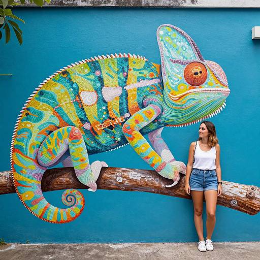 Photograph of a vibrant, colorful chameleon mural on a blue wall, with a woman in a white tank top and denim shorts standing beside it,