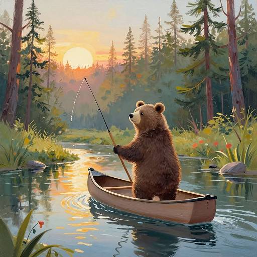 Whimsical Bear Canoe Fishing Scene