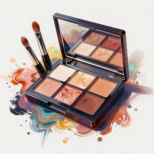 Digital illustration of an open black eyeshadow palette with six colorful squares, two paintbrushes, and vibrant abstract splashes of color.