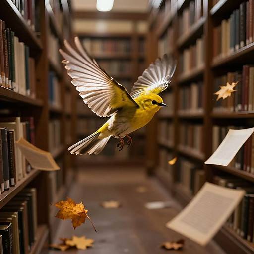 Photograph of a yellow bird with black markings mid-flight in a dimly lit library aisle, surrounded by bookshelves and autumn leaves.