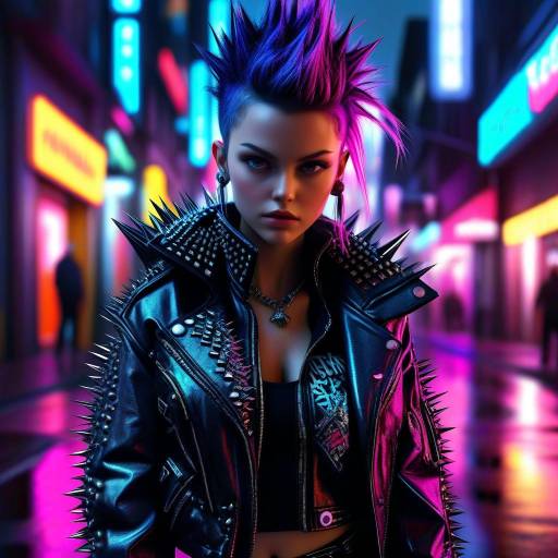 Punk Woman in Spiked Leather Jacket at Night