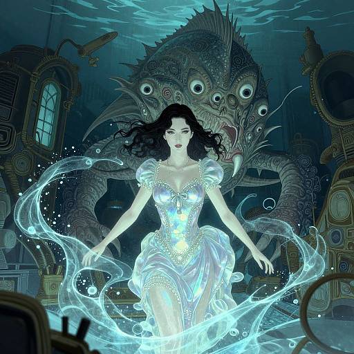 Digital artwork of a pale-skinned woman with black hair, glowing blue dress, and ethereal aura, facing a fierce, multi-eyed sea monster in