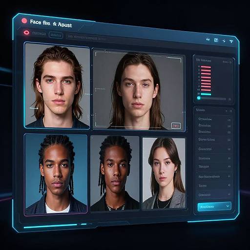 CGI image of a digital face recognition interface showing six headshots: two white males, two Black males, one white female, and one Asian female
