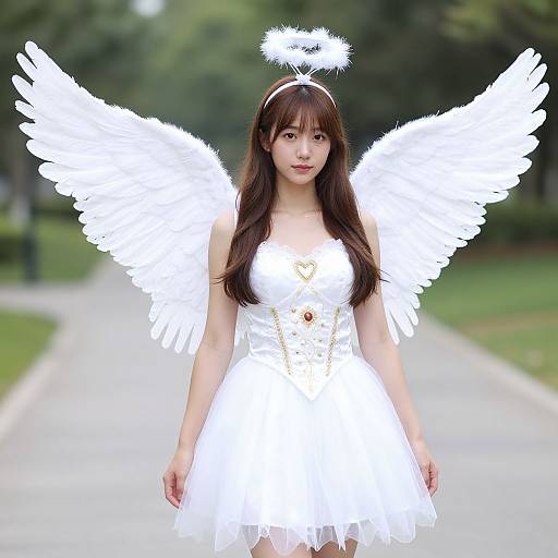 Photograph of an Asian woman with long brown hair, white angel wings, halo, and white dress standing on a park path.
