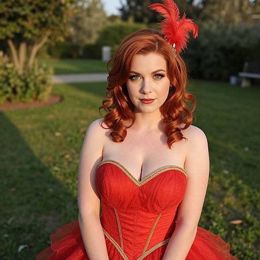 Photograph of a fair-skinned, red-haired woman with curly hair, wearing a red strapless dress with gold trim, and a red feather head