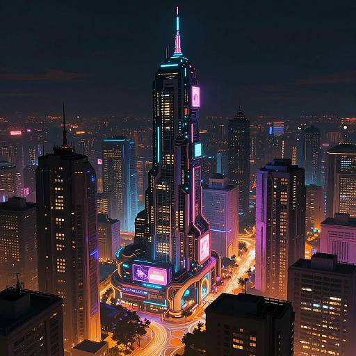Digital artwork of a neon-lit, futuristic cityscape at night, featuring a tall, brightly illuminated skyscraper surrounded by glowing buildings and bustling streets.