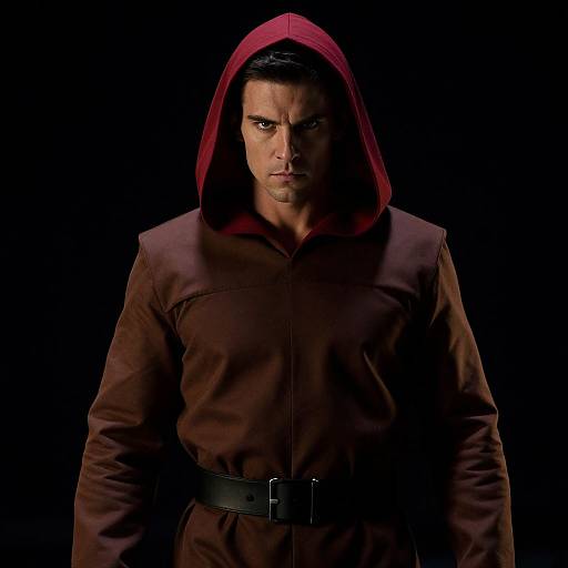 Photograph of a serious, muscular man with dark hair, wearing a red hooded brown jacket, black belt, against a black background.