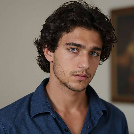 Photograph of a handsome young man with wavy dark hair, blue eyes, light stubble, and a serious expression, wearing a dark blue button