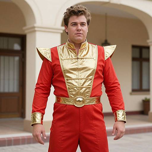 Photograph of a young man with curly brown hair, wearing a red and gold costume with metallic shoulder pads and belt, standing in front of a beige