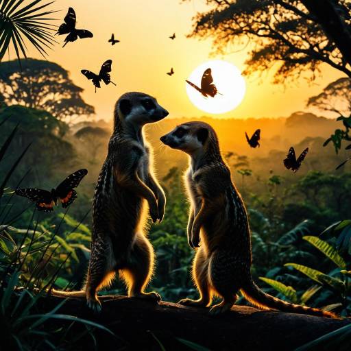 Meerkats and Butterflies at Sunrise in African Rainforest Meerkats and Butterflies at Sunrise in African Rainforest
