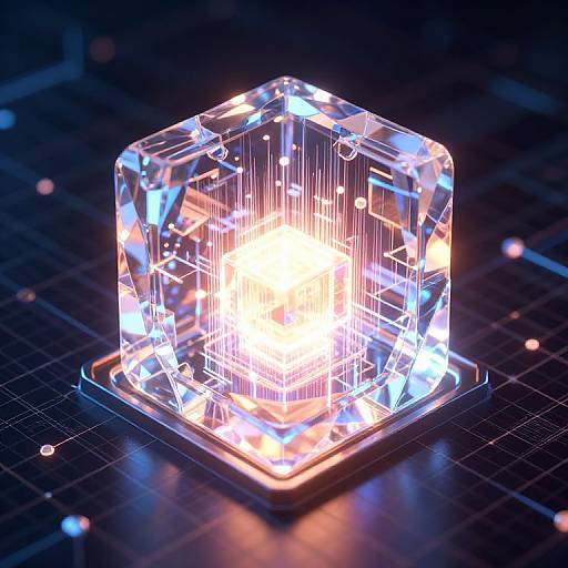 Photorealistic CGI of a glowing, transparent crystal cube emitting bright white light on a dark, grid-patterned surface.