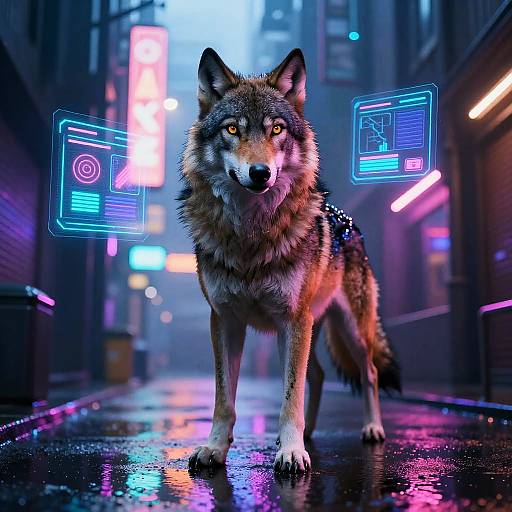 Tech-Noir Wolf Detective in Neon Alley
