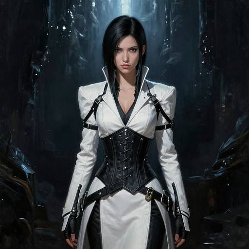 Digital artwork of a stern, dark-haired woman in a white, high-collared jacket with black harnesses and corset, standing in a dark