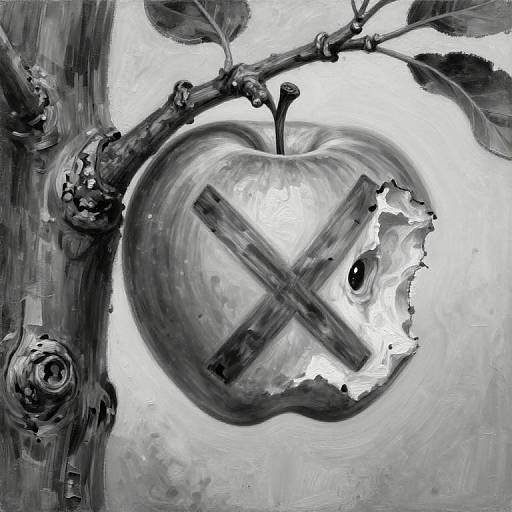 Monochrome digital painting of a gnawed apple with a crossed-out symbol, hanging from a branch with textured leaves.