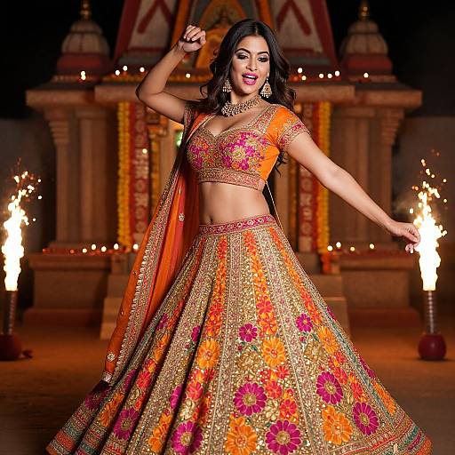Photograph of a confident South Asian woman in an ornate, colorful traditional lehenga and choli, adorned with floral embroidery, dancing under dim lights