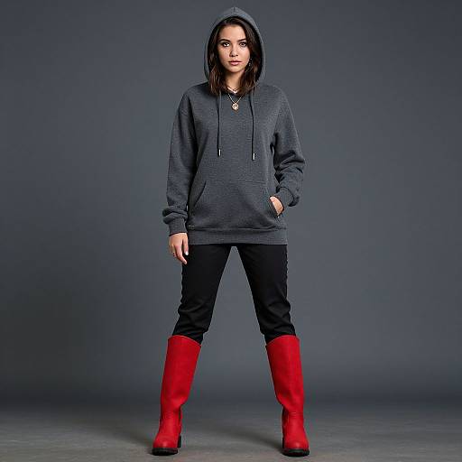 Photograph of a young woman with dark hair, wearing a dark gray hooded sweatshirt, black pants, and striking red knee-high boots, standing