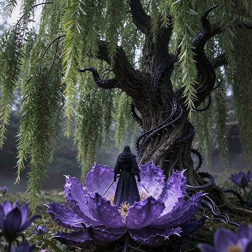 Mysterious figure in black cloak stands within glowing purple lotus flower at the base of twisted, dark tree, surrounded by lush greenery. Digital fantasy