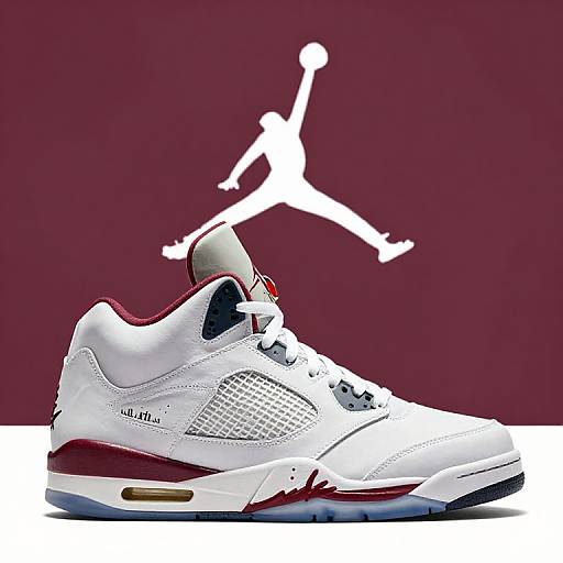 Photograph of a white Air Jordan sneaker with red and gold accents, positioned against a maroon background with a white silhouette of Michael Jordan mid-j
